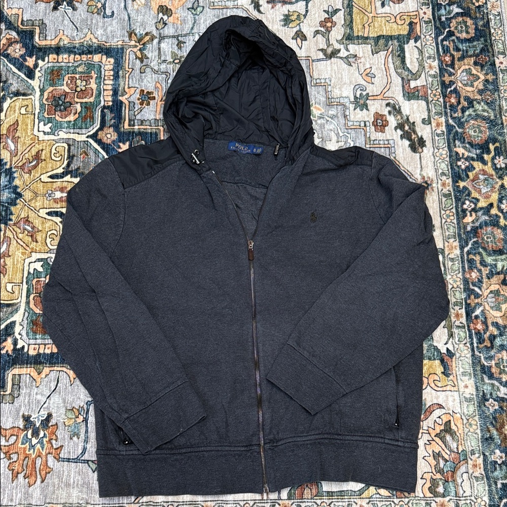 Men's Charcoal Grey Polo Hoodie Size XL with Zipping Pockets!